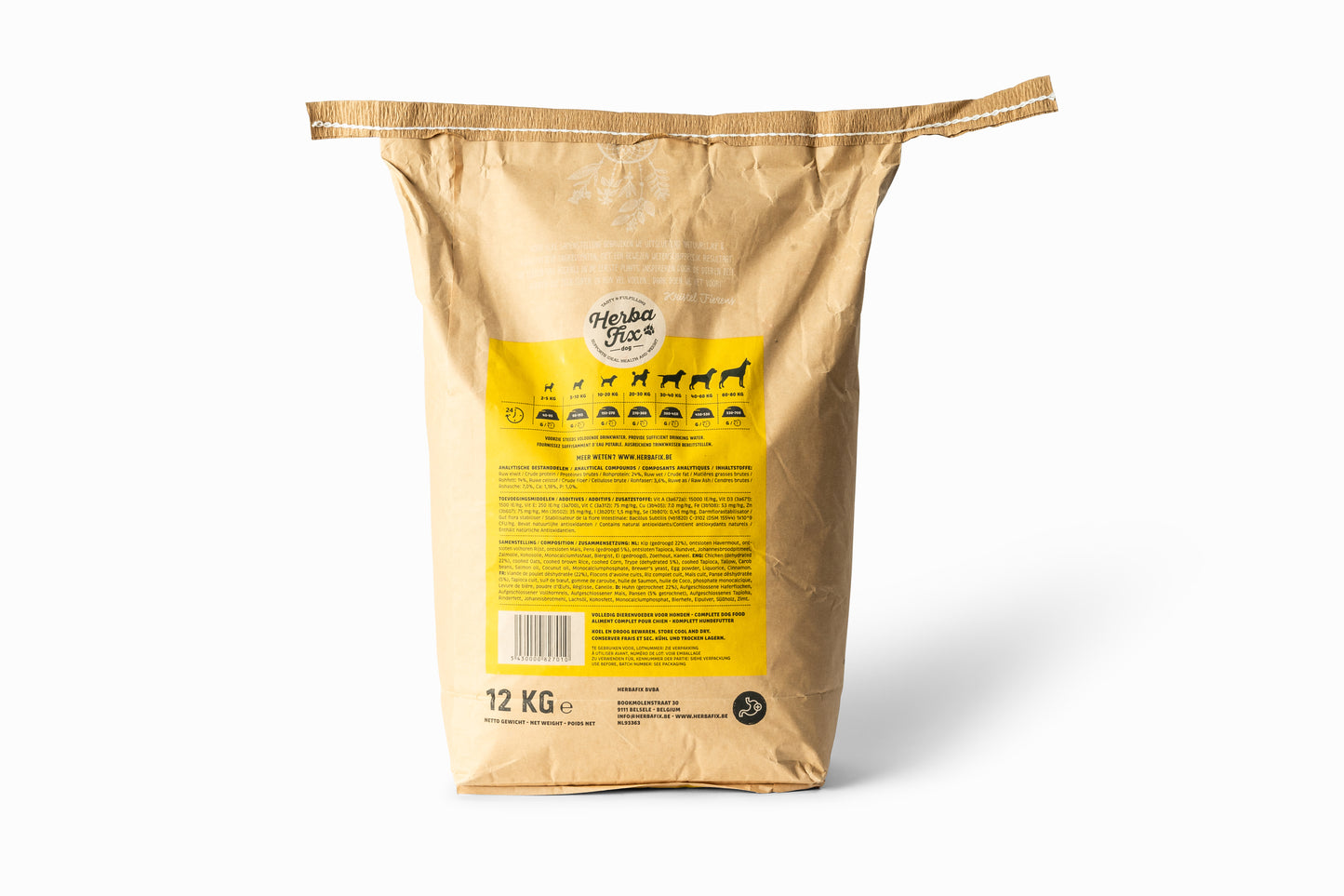 Achterkant verpakking Herbafix Vertering hondenvoer zak 12kg